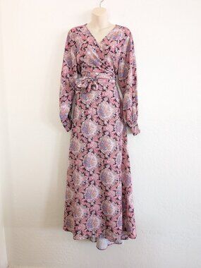BAACAL Dress 10/12 Floral Maxi Boho Wrap V Neck Button Bishop Sleeve No Size Tag
